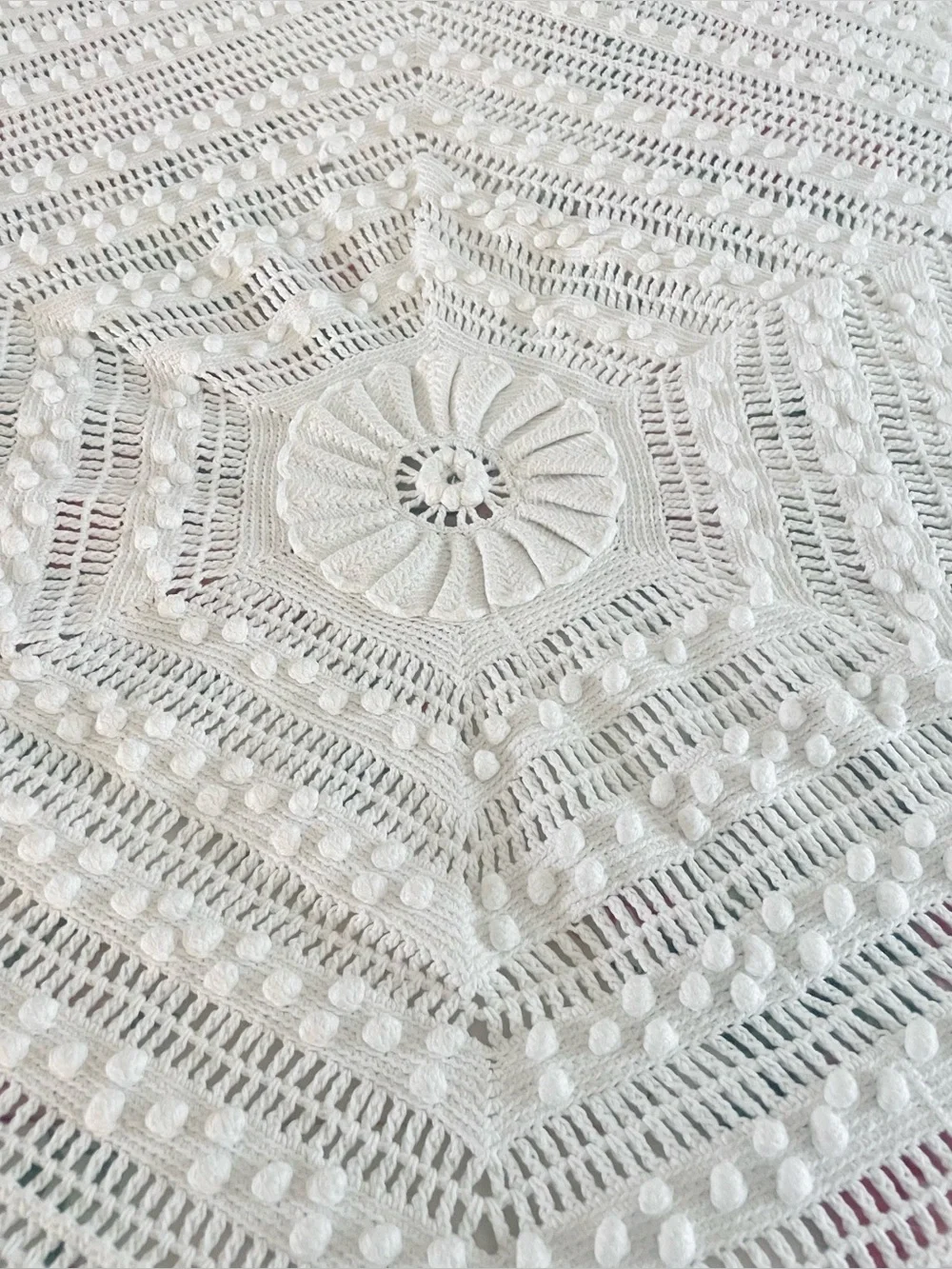 Vintage Afghan Crochet Popcorn Raised Floral White Cotton Handmade 52x104